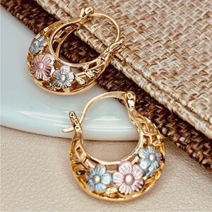 Free People Floral Gold Metallic Enamel Hoop Earrings